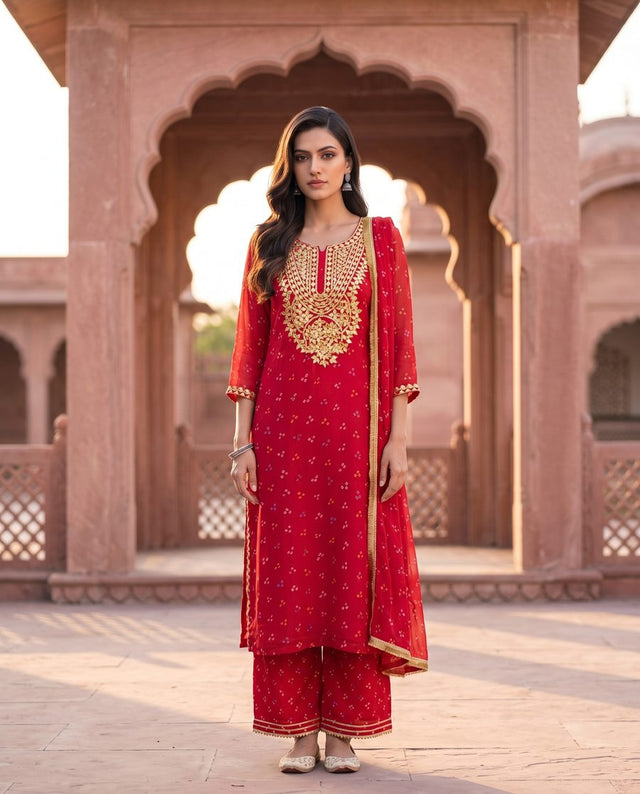 Kachigota Red Gota Embroidered Straight Set