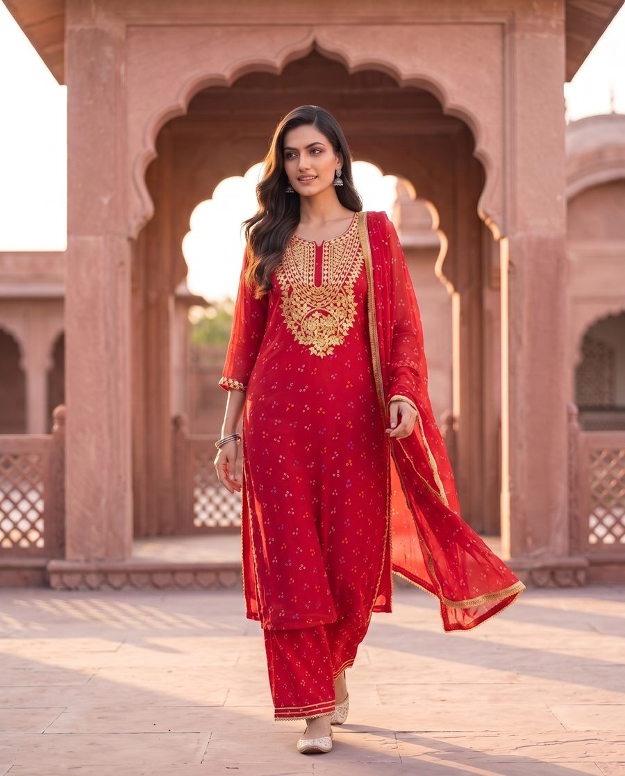 Kachigota Red Gota Embroidered Straight Set
