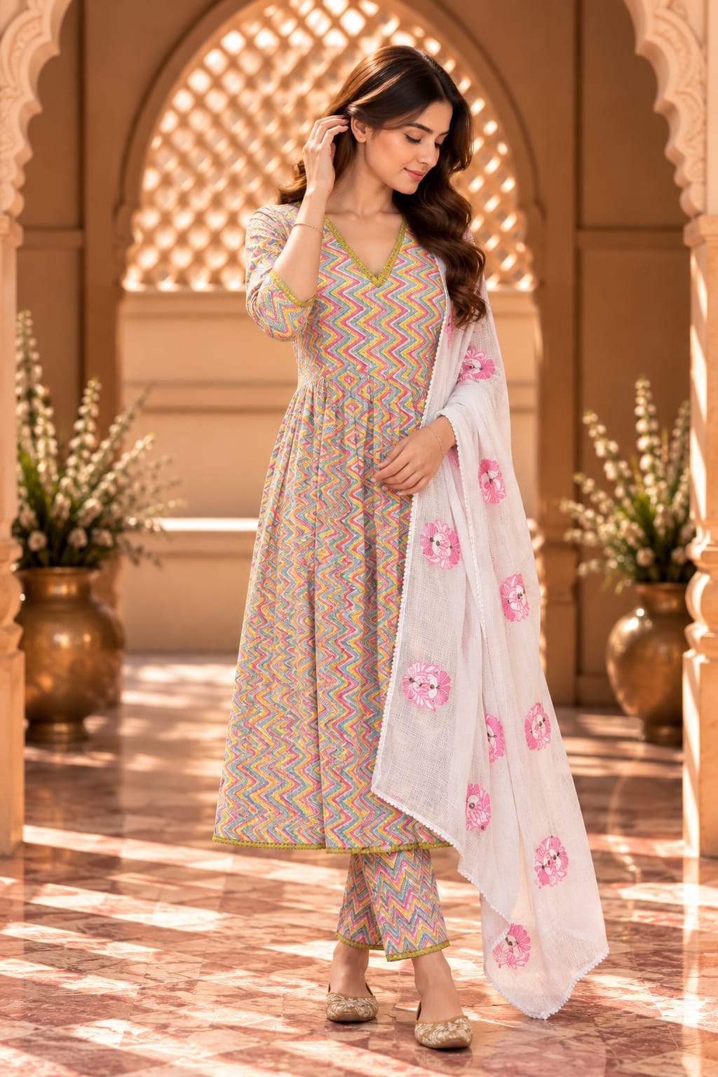 Shaila Multicolour Chevron Print Anarkali Set With Dupatta - front view