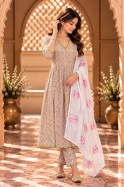 Shaila Multicolour Chevron Print Anarkali Set With Dupatta - front view