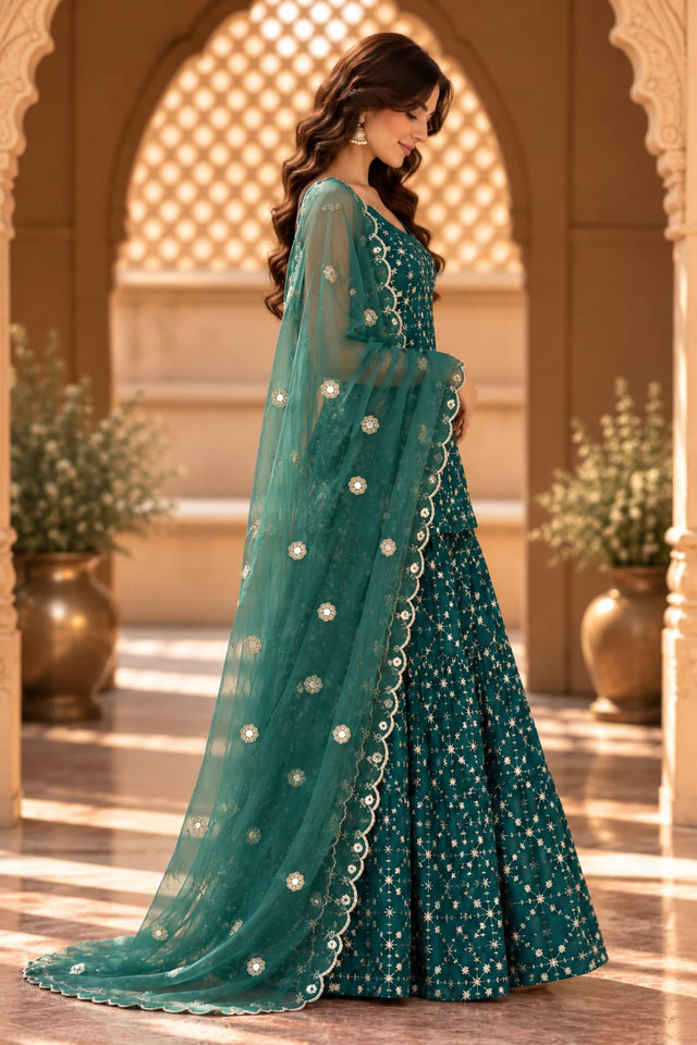 Alina Teal Green Sleeveless Embroidered Sharara Set - side view