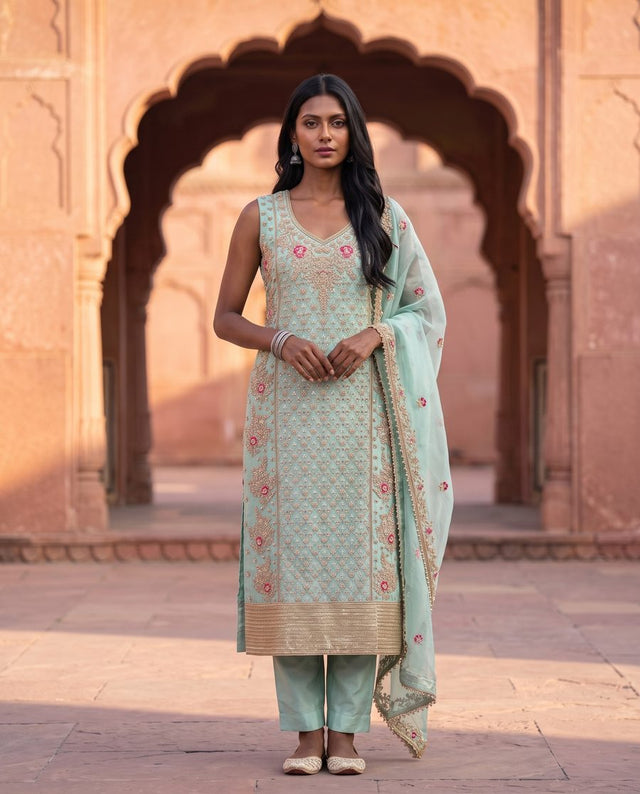 Rooprani Mint Embroidered Straight Kurta Set