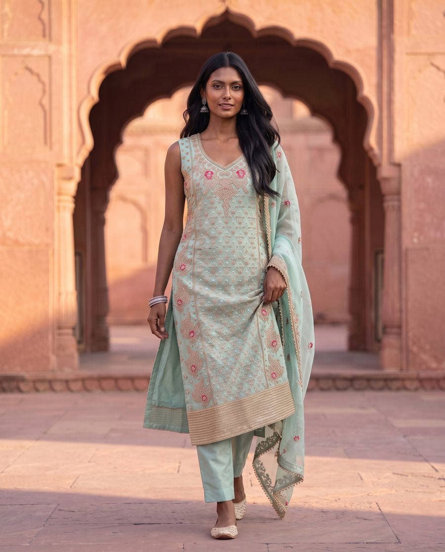 Rooprani Mint Embroidered Straight Kurta Set