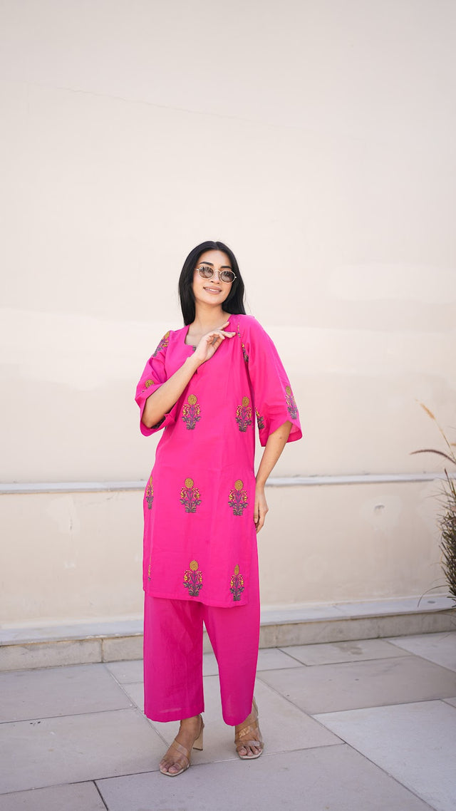 Fuchsia Flared Sleeve Flower Boota Cotton Co-ord Set
