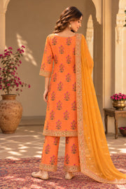 Mehreen Orange Embroidered Straight Kurta Set With Dupatta - back view