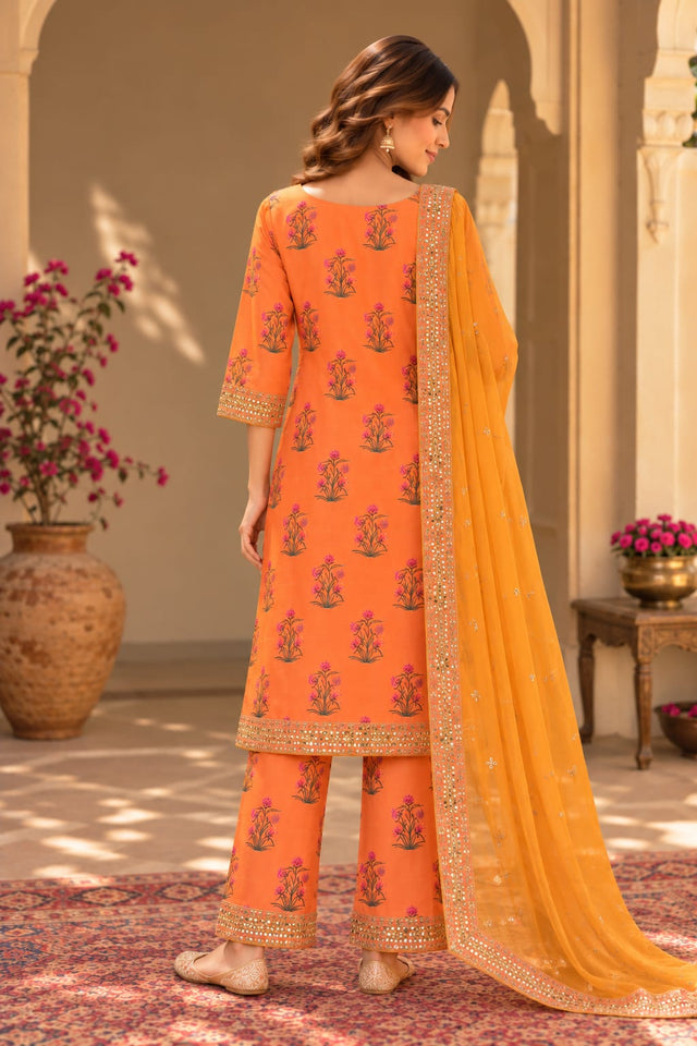 Mehreen Orange Embroidered Straight Kurta Set With Dupatta - back view