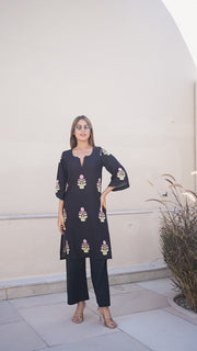 Black Flared Sleeve Flower Boota Cotton Co-ord Set 2