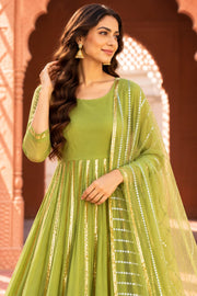 Resham Pista Green Gota Anarkali Set With Dupatta - detail close-up