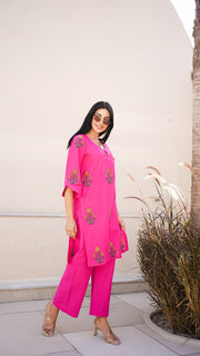 Fuchsia Flared Sleeve Flower Boota Cotton Co-ord Set 4