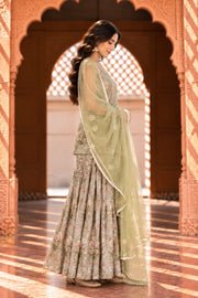 Gifa Pista Green Floral Print Sleeveless Sharara Set - side view
