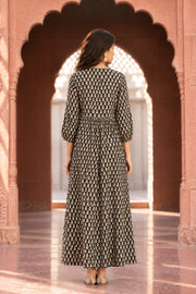 Black Butti Print Tiered Maxi Dress - back view