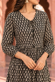 Black Butti Print Tiered Maxi Dress - detail close-up