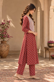 Red Embroidered Neckline A-Line Kurta Set - side view