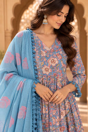 Acacia Blue Floral Print Anarkali Set With Dupatta - detail close-up