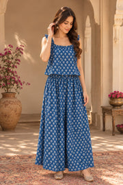 Blue Butti Print Sleeveless Top And Palazzo Co-ord Set - front view