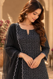 Classic Black Chikankari Straight Kurta Set With Dupatta - detail close-up