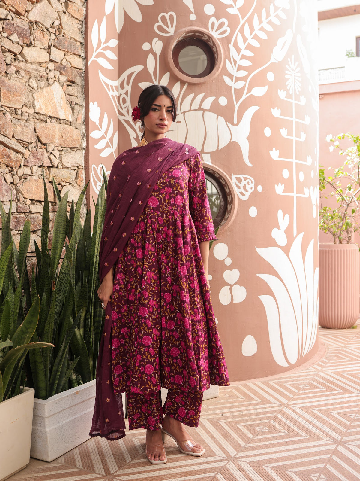 Suhana Wine Pure Cotton Anarkali Suit Set