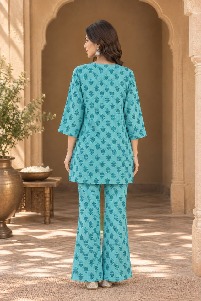 Nirali Aqua Block Print Co-ord Set - back view