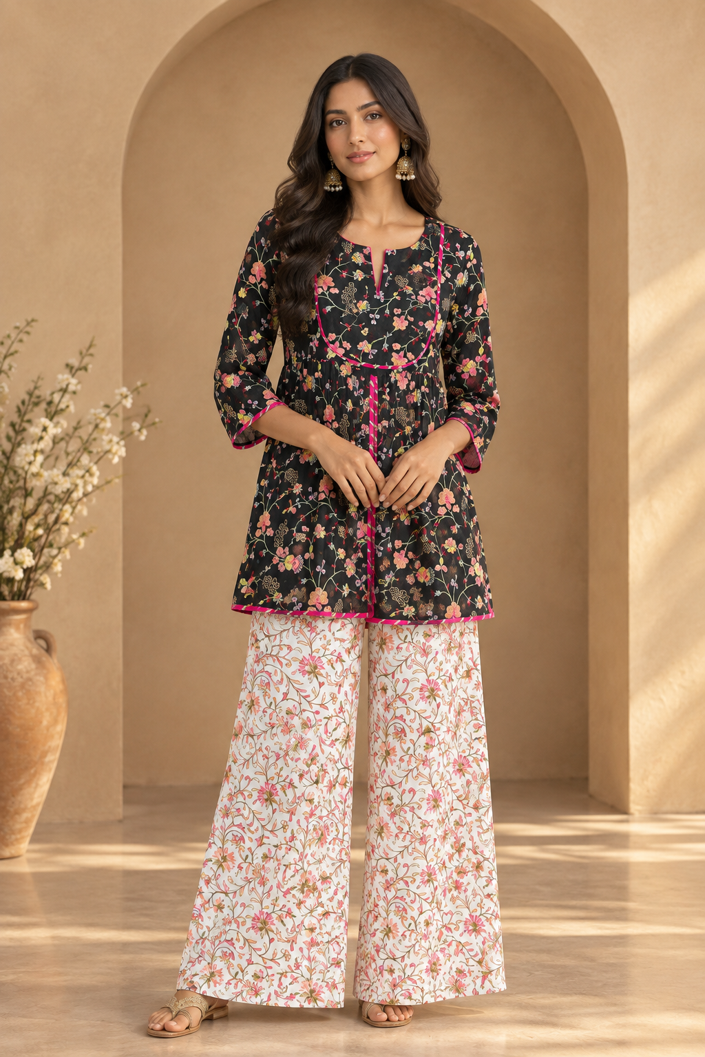 Black Floral Embroidered Kurta And Palazzo Co-ord Set - front view