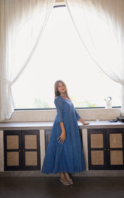 Indigo Block Print Flared Maxi Dress 4