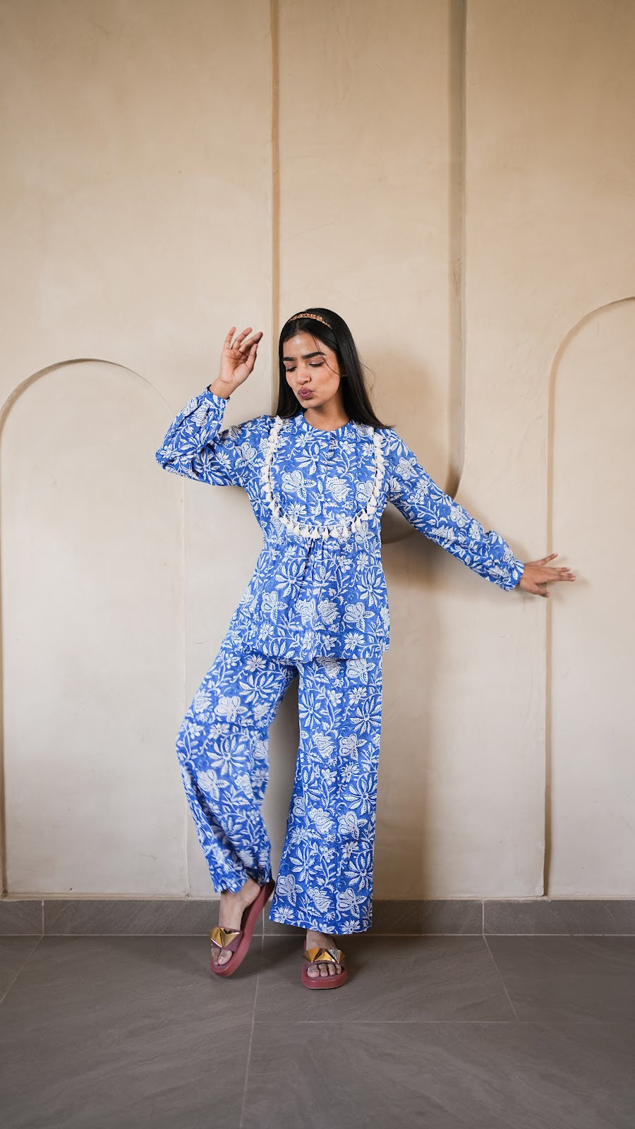 Blue White Floral Block Print Co-ord Set