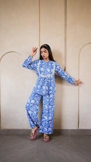 Blue White Floral Block Print Co-ord Set 1