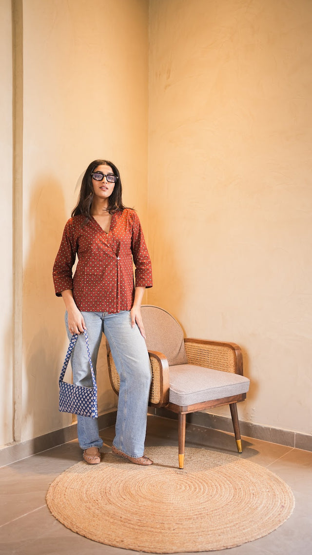 Rust Ditsy Floral Print Wrap-Front Cotton Shirt