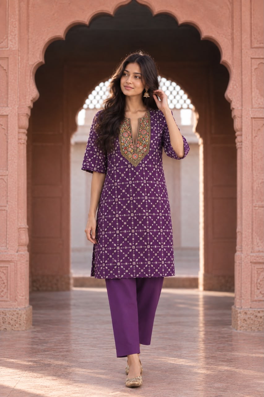Bahaar Purple Handworked Neckline Co-ord Set - front view