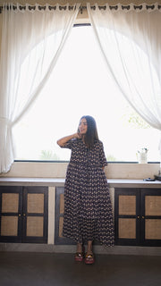 Black Floral Puff Sleeve Tiered Maxi Dress 3