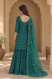 Alina Teal Green Embroidered Sharara Set With Sleeves - back view