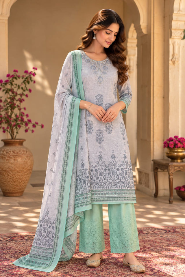 Grey And Mint Printed Pakistani Straight Suit Set - front view