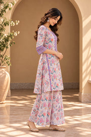 Lilac Floral Mirror Work Pakistani Kurta Sharara Set - side view