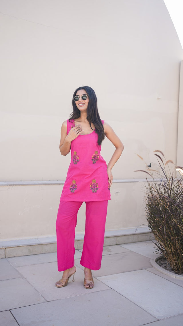 Fuchsia Sleeveless Flower Boota Cotton Co-ord Set