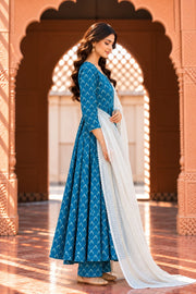 Neckline Blue Butti Print Anarkali Set With Dupatta - side view