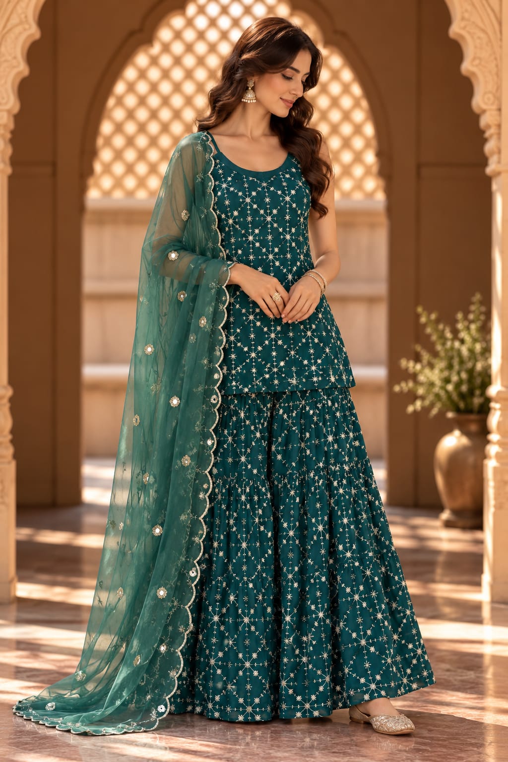 Alina Teal Green Sleeveless Embroidered Sharara Set - front view