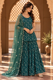 Alina Teal Green Sleeveless Embroidered Sharara Set - front view