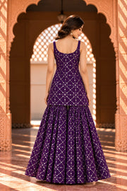 Alina Purple Sleeveless Embroidered Sharara Set - back view
