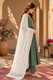 Neckline Pista Green Butti Print Anarkali Set With Dupatta - detail close-up