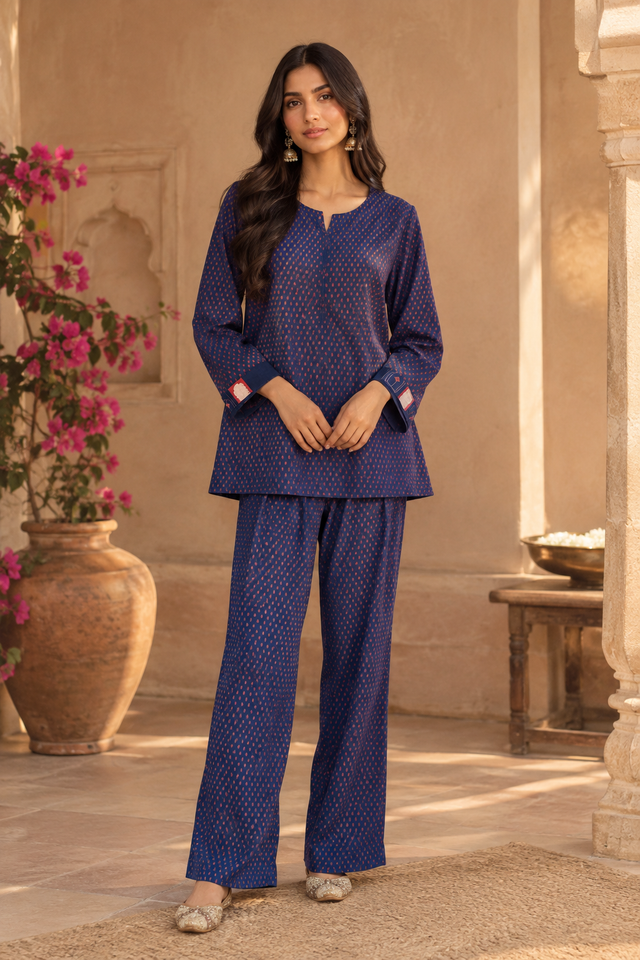 Roza Indigo Blue Butti Print Co-ord Set - front view