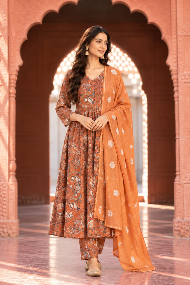 Orchid Orange Floral Print Anarkali Set With Dupatta - front view