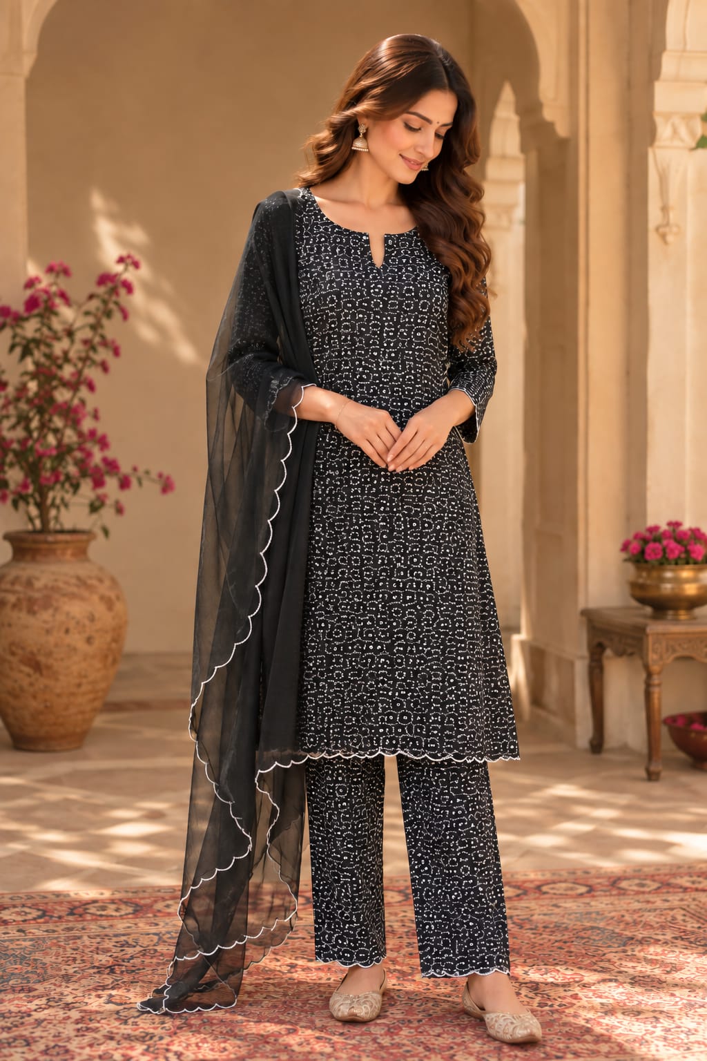 Classic Black Chikankari Straight Kurta Set With Dupatta - front view
