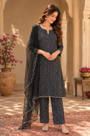 Classic Black Chikankari Straight Kurta Set With Dupatta - front view