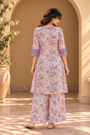 Lilac Floral Mirror Work Pakistani Kurta Sharara Set - back view