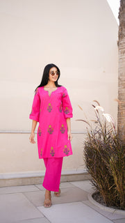 Fuchsia Flared Sleeve Flower Boota Cotton Co-ord Set 3