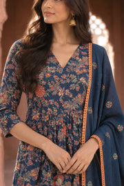 Suki Navy Blue Floral Print Kurta Set With Dupatta - detail close-up