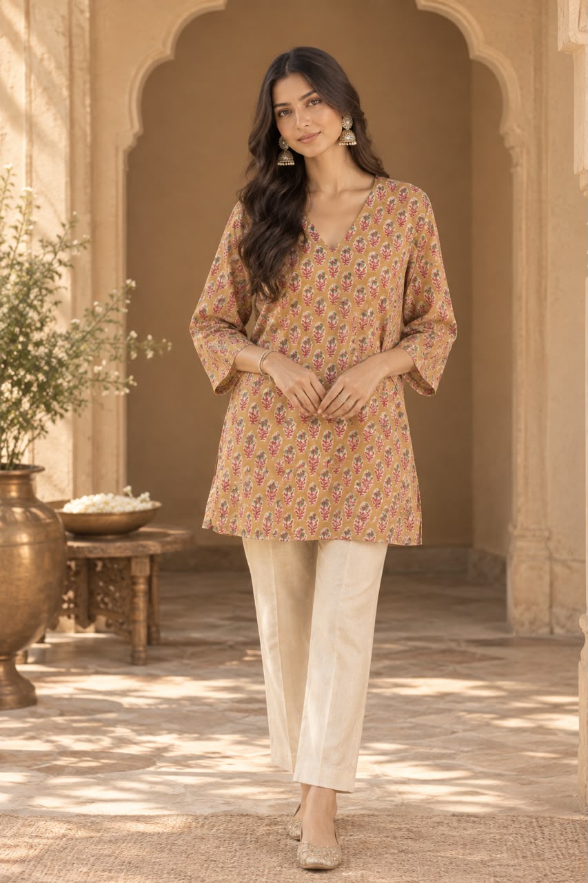 Kiki Mustard Block Print Short Kurti Top - front view