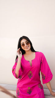Fuchsia Flared Sleeve Flower Boota Cotton Co-ord Set 5