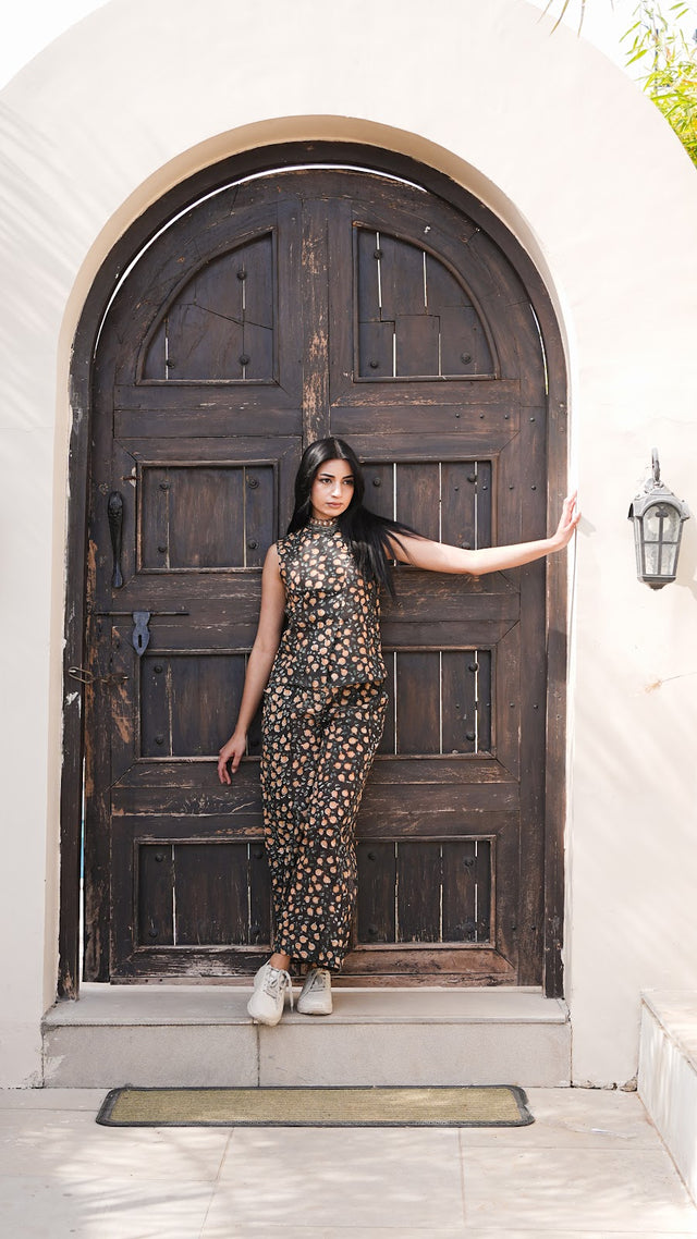 Black Tan Floral Print Sleeveless Co-ord Set