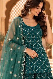 Alina Teal Green Sleeveless Embroidered Sharara Set - detail close-up