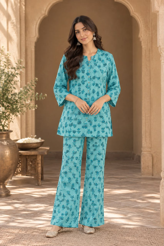 Nirali Aqua Block Print Co-ord Set - front view